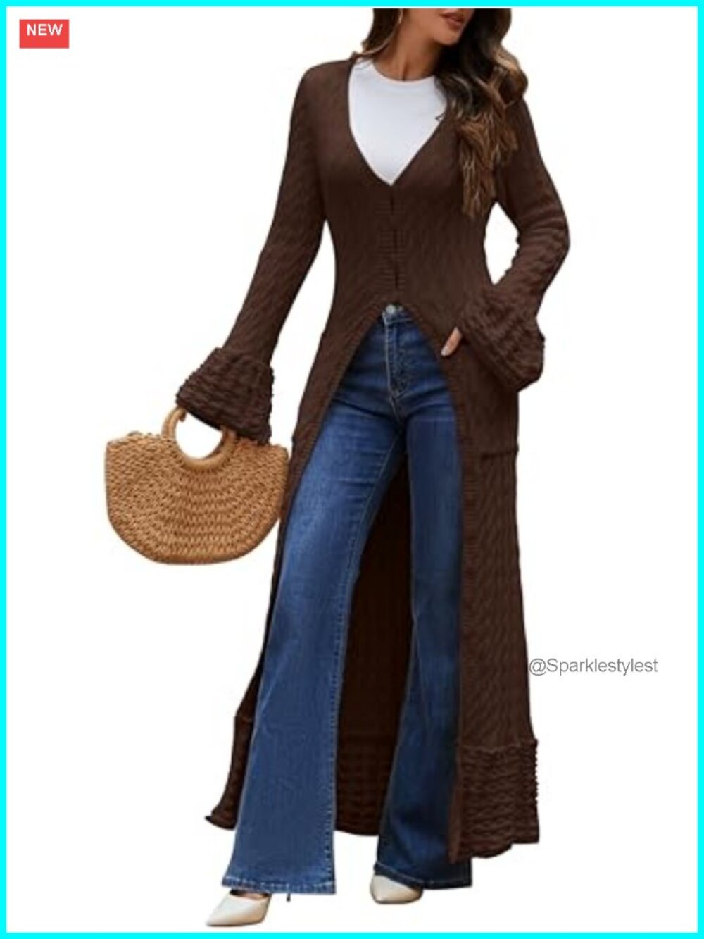 Chunky Cable Knit Maxi Cardigan Button Down Bell Sleeve Ruffle Hem Sweater